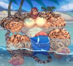  4_toes 5_fingers abs anthro barely_contained beach beverage biceps big_muscles big_penis biped bottomwear bruce892741 bulge claws clothed clothing feet felid fingers fist flaccid flexing flexing_bicep genitals hi_res huge_muscles huge_penis humanoid_genitalia humanoid_penis hyper hyper_muscles male mammal muscular muscular_anthro muscular_male muscular_thighs palm_tree pantherine partially_submerged pawpads paws pecs penis plant seaside solo swimming_trunks swimming_trunks_only swimwear tail thick_penis tiger tight_bottomwear tight_clothing toe_claws toes topless topless_anthro topless_male tree vein veiny_penis 