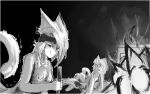  anthro apron black_and_white blush breasts clothing cute_expression duo explosion felid feline female fire food fuseadrift hatching_(art) hi_res humor mammal meowers monochrome shaded simple_background smile widescreen 
