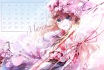  1girl 2021 blonde_hair blue_eyes blush bow bowtie branch bug butterfly calendar_(medium) capelet cherry_blossoms commentary_request dress fingernails flower frilled_capelet frills grin hat heart highres kamenozoki_ai light_rays lily_white long_hair looking_at_viewer march petals pink_bow pink_bowtie pink_flower pink_headwear pink_ribbon plant pointing pointing_at_viewer ribbon smile solo split_mouth spoken_heart touhou tree white_butterfly white_capelet white_dress 