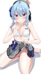  1girl absurdres bare_shoulders barefoot beret bikini blue_eyes blue_hair blue_ribbon blush breasts cleavage closed_mouth clothes_lift collarbone crown frilled_skirt frills gachi_mouchou grey_headwear grey_skirt hair_between_eyes hair_ribbon hat highres hololive hoshimachi_suisei hoshimachi_suisei_(1st_costume) index_finger_raised lifted_by_self medium_hair plaid plaid_headwear plaid_skirt pleated_skirt ribbon side_ponytail skirt skirt_lift small_breasts solo star_(symbol) star_in_eye swimsuit swimsuit_under_clothes symbol_in_eye virtual_youtuber white_background white_bikini 