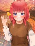  1girl alternate_costume autumn autumn_leaves blue_eyes blunt_bangs blush breasts brown_sweater_vest commentary day fingernails go-toubun_no_hanayome grin hair_down hand_up happy highres holding holding_leaf kakato_0 large_breasts leaf long_fingernails long_sleeves looking_at_viewer medium_hair nail_polish nakano_nino ok_sign outdoors park purple_nails red_eyes selfie shirt smile solo star_(symbol) star_print straight-on straight_hair sweater_vest tree upturned_eyes white_shirt 