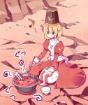  1girl bad_food blonde_hair blush bone bow bowl breasts brown_headwear closed_mouth commentary_request cooking cooking_pot cowlick cross cross_necklace dirt doridori dress food full_body hair_between_eyes hat high_priest_(ragnarok_online) jewelry juliet_sleeves long_sleeves medium_bangs musical_note necklace on_ground pointy_ears puffy_sleeves ragnarok_online red_dress red_eyes rock sash seiza shako_cap short_hair sitting small_breasts smile solo soup thighhighs two-tone_dress white_bow white_dress white_sash white_thighhighs 