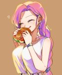  1girl blush braid burger closed_eyes closed_mouth earrings food heart highres holding holding_food huna_nr jewelry kaidou_miho light_brown_background long_hair okami_game_(werewolf) pink_hair shirt smile solo tongue tongue_out white_shirt 