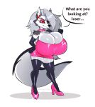  angry annoyed anthro berrythedragon big_breasts bimbofication breasts canid canid_demon canine canis clothing demon female footwear hellhound helluva_boss hi_res high_heels huge_breasts latex loona_(helluva_boss) mammal solo thick_thighs wolf 