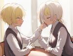  1boy 1girl assertive_female blonde_hair blush couple hetero highres kromer_(limbus_company) limbus_company migishita project_moon school_uniform short_hair simple_background sinclair_(limbus_company) sitting sweat vest white_background 