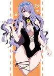  alternate_costume bare_shoulders black_one-piece_swimsuit bracelet breasts camilla_(fire_emblem) eyewear_on_head fe135700 fire_emblem fire_emblem_fates flower hair_over_one_eye heart highres holding_own_hair jewelry large_breasts long_hair looking_at_viewer navel one-piece_swimsuit parted_lips purple_hair smile sunglasses swimsuit very_long_hair yellow_flower 