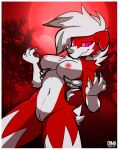  2023 4_fingers anthro areola artist_logo artist_name border colored digital_media_(artwork) dima_(artist) female fingers floppy_ears fur generation_7_pokemon glowing glowing_eyes grey_body grey_fur grey_hair grey_nose hair hi_res logo looking_down low-angle_view lycanroc midnight_lycanroc multicolored_hair navel nintendo nipples nude pink_areola pink_eyes pink_nipples pokemon pokemon_(species) red)fur shaded smile solo standing two_tone_hair white_body white_border white_fur white_hair worm&#039;s-eye_view 