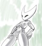  anthro arthropod black_body breasts colored_sketch female fours_(artist) genitals hand_on_leg hand_on_thigh hi_res hollow_knight hornet_(hollow_knight) low-angle_view nipples pussy sketch small_breasts solo team_cherry thorax 