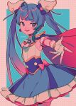  1girl ascot blue_hair blush bow bright_pupils cape cure_sky detached_sleeves fingerless_gloves gloves gradient_hair highres hirogaru_sky!_precure long_hair magical_girl menma_(enaic31) multicolored_hair open_mouth pink_bow pink_skirt precure reaching reaching_towards_viewer red_cape shirt skirt solo sora_harewataru thighhighs twintails white_ascot white_pupils white_shirt white_thighhighs 