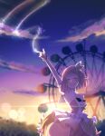  1girl :d absurdres arm_up armpits blurry blush bokeh bow bracelet bubble_skirt closed_eyes cloud collar cowboy_shot depth_of_field detached_collar detached_sleeves evening facing_viewer ferris_wheel hair_bow highres index_finger_raised jewelry lens_flare light_particles night night_sky nuko_0108 ootori_emu open_mouth outdoors pink_hair pink_shirt pink_skirt pink_sleeves project_sekai puffy_detached_sleeves puffy_sleeves shirt short_hair sidelocks skirt sky smile solo strapless strapless_shirt sunset teeth upper_teeth_only white_collar 