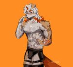  2023 abs anthro arknights arm_tattoo blush bulge canid canine canis clothed clothing domestic_dog fur hair heiqi0 hi_res horn hung_(arknights) hypergryph long_hair looking_away male mammal multicolored_body multicolored_fur multicolored_hair muscular muscular_anthro muscular_male orange_hair solo studio_montagne tan_body tan_fur tattoo topless topless_anthro topless_male two_tone_body two_tone_fur two_tone_hair underwear white_body white_fur white_hair 