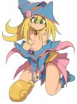  1girl bare_shoulders blonde_hair blue_footwear blue_headwear blush_stickers breasts cleavage closed_mouth dark_magician_girl duel_monster green_eyes hat highres holding holding_staff large_breasts long_hair simple_background solo staff white_background wizard_hat yu-gi-oh! yuta_agc 