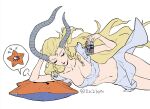  1girl blonde_hair breasts can cleavage closed_eyes closed_mouth crop_top decarabia drill_hair drill_sidelocks flying_sweatdrops grey_horns grey_skirt holding holding_can horns ishtar_(shin_megami_tensei) large_breasts long_hair long_horns lying on_side pointy_ears shin_megami_tensei sidelocks simple_background skirt star_(symbol) strong_zero very_long_hair white_background za210n 