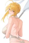  1girl absurdres ahoge artoria_pendragon_(fate) artoria_pendragon_(swimsuit_ruler)_(fate) artoria_pendragon_(swimsuit_ruler)_(second_ascension)_(fate) back bare_shoulders blush braid breasts fate/grand_order fate_(series) french_braid highres large_breasts long_hair looking_at_viewer looking_back one-piece_swimsuit parasol sidelocks smile solo swimsuit umbrella vanko_(vank0a) white_background white_one-piece_swimsuit 