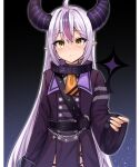 1girl ahoge black_background black_collar blush collar dress grey_hair highres hololive horns la+_darknesss la+_darknesss_(1st_costume) long_sleeves looking_at_viewer metal_collar multicolored_hair pointy_ears purple_dress purple_hair solo streaked_hair tokuya two-tone_background virtual_youtuber white_background yellow_eyes 