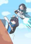  2girls ^_^ aris_(blue_archive) black_gloves black_hair blue_archive blue_necktie blue_sky blunt_bangs blurry chibi cliff climbing closed_eyes cloud cloudy_sky commentary_request crying crying_with_eyes_open depth_of_field firing flying getting_over_it giorgio_(yo_sumire_sola1) gloves gun hair_between_eyes halo happy holding holding_gun holding_weapon in_trash_can jacket jumping long_hair long_sleeves looking_at_viewer miyu_(blue_archive) motion_blur multicolored_clothes multicolored_jacket multiple_girls necktie one_side_up outdoors pleated_skirt railgun recycle_bin red_eyes riding rifle rocket school_uniform serafuku sidelocks sitting sketch skirt sky sniper_rifle tears trash_can trembling two-tone_jacket weapon 