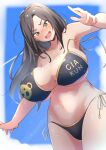  1girl animal_print armpits bear_print bikini black_bikini black_hair blue_sky blush breasts cleavage cloud cowboy_shot from_below hand_up highres idolmaster idolmaster_cinderella_girls idolmaster_cinderella_girls_starlight_stage large_breasts long_hair looking_at_viewer looking_down mukai_takumi navel open_mouth parted_bangs print_bikini side-tie_bikini_bottom sideboob sky solo standing swimsuit teeth underboob upper_teeth_only wakusei81 wavy_mouth yellow_eyes 