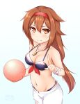  1girl adapted_costume ball beachball bikini black_bikini breasts brown_eyes brown_hair cleavage hair_flaps hairband highres index_finger_raised kantai_collection medium_breasts navel official_alternate_costume one-hour_drawing_challenge red_hairband shiratsuyu_(kancolle) shiratsuyu_kai_ni_(kancolle) shorts simple_background smile solo swimsuit whistle whistle_around_neck white_background white_shorts zanne 
