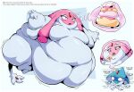  ambiguous_gender azelf blush blush_lines breasts duo eating featureless_breasts female food generation_4_pokemon grey_body hi_res huge_thighs humanoid legendary_pokemon mesprit morbidly_obese morbidly_obese_female morbidly_obese_humanoid motion_lines multicolored_body navel nintendo obese obese_female obese_humanoid open_mouth overweight overweight_female overweight_humanoid pink_body pokemon pokemon_(species) text thick_thighs thought_bubble veryfilthything yellow_eyes 