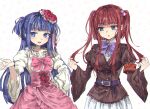  2girls alternate_hairstyle armband belt blue_eyes blue_hair blunt_bangs bow bowtie brown_jacket choker colored_eyelashes cowboy_shot cross-laced_clothes cross-laced_skirt eyes_visible_through_hair fang flower frilled_skirt frilled_sleeves frills furudo_erika ghkdakrh1129 hair_bobbles hair_flower hair_ornament hair_ribbon hair_twirling hairstyle_switch hand_on_own_hip jacket lace lace_choker light_blush long_hair looking_at_hand looking_to_the_side multiple_girls open_hand open_mouth parted_lips pink_bow pink_bowtie pink_ribbon pink_skirt puffy_sleeves purple_belt purple_bow purple_bowtie red_flower red_hair red_rose ribbon rose shirt side-by-side sidelocks skirt starry_background two_side_up umineko_no_naku_koro_ni ushiromiya_ange very_long_hair white_background white_ribbon white_shirt white_skirt wide_sleeves 