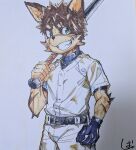  anthro baseball_bat bat_(object) bodily_fluids canid canine canis domestic_dog hi_res leeksaltboy male mammal scar solo sweat teenager traditional_media_(artwork) xiaozhuang_(leeksaltboy) young 