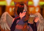  1girl absurdres alcohol animal_ears bar_(place) bare_shoulders beer beer_mug bird_girl bird_wings breasts brown_background brown_hair clothing_cutout commission cup estelle_(cieluscian) feathered_wings hair_ornament hair_over_one_eye hair_over_shoulder hair_scrunchie head_rest highres holding holding_cup indoors large_breasts long_hair long_sleeves looking_at_viewer low-tied_long_hair mug multicolored_hair original purple_eyes scrunchie second-party_source shima_natsu35 shoulder_cutout skeb_commission sleeveless sleeves_past_wrists smile streaked_hair sweater turtleneck turtleneck_sweater upper_body wings 