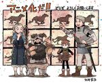  1girl 3boys armor beard black_eyes black_hair blonde_hair blue_capelet boots brown_eyes brown_hair capelet chilchuck closed_mouth confetti dungeon_meshi dwarf eating elf facial_hair frying_pan full_body gauntlets green_eyes grey_hair halfling holding holding_frying_pan holding_staff horse kui_ryouko laios_thorden looking_at_another mage_staff marcille motion_blur multiple_boys mustache official_art open_mouth pointy_ears robe scabbard senshi_(dungeon_meshi) sheath sheathed smile staff standing sword weapon 