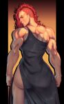  1girl absurdres ass az_ciam backless_dress backless_outfit black_dress dress earrings frown highres huge_ass jewelry long_hair looking_back muscular muscular_female nose_piercing nose_ring original piercing red_eyes red_hair scar scar_across_eye shaved_head solo 