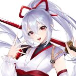  1girl :d breasts fate/grand_order fate_(series) holding holding_sword holding_weapon long_hair phanta ponytail red_eyes smile solo sword teeth tomoe_gozen_(fate) upper_teeth_only weapon white_background white_hair 