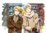  2boys ahoge america_(hetalia) axis_powers_hetalia blonde_hair blue_eyes brown_gloves brown_jacket collared_shirt commentary_request crossed_arms eduroku faucet flower gloves green_necktie grey_hair grin gun handgun holding holding_weapon jacket leaning_on_person leaning_to_the_side long_sleeves male_focus military_uniform multiple_boys necktie parted_bangs purple_eyes russia_(hetalia) scarf shirt short_hair side-by-side smile star_(symbol) sunflower swept_bangs uniform upper_body weapon white_shirt 