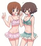  2girls ^^^ akiyama_yukari bikini bikini_skirt breasts brown_eyes brown_hair cleavage frilled_bikini frills front-tie_bikini_top front-tie_top girls_und_panzer groin halterneck looking_at_another looking_at_viewer medium_breasts messy_hair multiple_girls navel nishizumi_miho open_mouth pink_bikini ri_(qrcode) short_hair simple_background smile standing swimsuit v white_background 