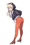  1girl absurdres blonde_hair blue_eyes bodysuit dot_nose full_body goddess_of_victory:_nikke hands_in_pockets high_heels highres hood hoodie intensify_0 jacket long_hair long_sleeves looking_at_viewer looking_back orange_bodysuit simple_background smile solo standing teeth tove_(nikke) white_background 