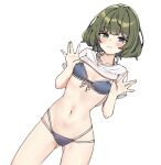  1girl aa211108 ass_visible_through_thighs blush breasts breasts_out green_hair heterochromia holding holding_clothes idolmaster idolmaster_cinderella_girls mole mole_under_eye open_hands small_breasts solo swimsuit swimsuit_under_clothes takagaki_kaede thighs 