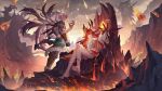  1boy 1girl absurdres archeland bare_legs barefoot breasts crossed_legs fire fireball highres holding horns long_hair meteor_shower molten_rock outdoors pointy_ears red_eyes red_hair sitting standing throne weapon white_hair wings xiaoguolidun 