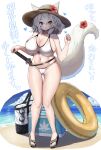 1girl animal_ears bag beach bikini black_footwear blush breasts brown_headwear cameltoe cleavage closed_mouth commentary_request flower full_body glasses heart highres horizon huge_breasts innertube inubashiri_momiji navel ocean onomiya red_eyes red_flower sandals short_hair smile solo swimsuit tail tail_flower tail_ornament touhou translation_request white_background white_bikini white_hair wolf_ears wolf_girl wolf_tail 