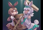  2girls animal_ears bare_shoulders black_bow blue_bow blue_eyes blue_skirt bow brown_eyes brown_gloves brown_hair brown_skirt cowboy_shot detached_sleeves elbow_gloves frilled_skirt frilled_sleeves frills gloves hair_between_eyes hair_bow heterochromia highres japanese_hare_(kemono_friends) kemono_friends kine kosai_takayuki light_brown_hair mallet multicolored_hair multiple_girls pleated_skirt ponytail rabbit_ears rabbit_girl rabbit_tail revision sailor_collar school_uniform serafuku shirt short_sleeves skirt t-shirt tail tsukuyomi_shinshi_(kemono_friends) white_gloves white_hair white_shirt yellow_eyes 