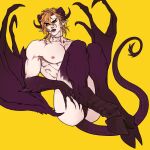  1boy animal_feet birthmark black_lips black_sclera blonde_hair claws closed_mouth colored_sclera completely_nude demon_boy demon_horns demon_tail demon_wings dio_brando ear_piercing earrings full_body highres hooves horns huang_lia jewelry joestar_birthmark jojo_no_kimyou_na_bouken knees_up looking_at_viewer medium_hair monster_boy monsterification muscular muscular_male nipples nude piercing pointy_ears scales scar scar_on_neck simple_background slit_pupils solo stardust_crusaders stitches tail wings yellow_background yellow_eyes 