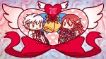  1boy 1girl absurdres bell bouquet chibi cordelia_(bridal)_(fire_emblem) cordelia_(fire_emblem) dress fire_emblem fire_emblem_awakening fire_emblem_heroes heart hetero highres holding holding_bouquet milk_t red_eyes red_hair red_ribbon ribbon robin_(fire_emblem) robin_(male)_(fire_emblem) robin_(male)_(groom)_(fire_emblem) smile wedding_dress white_hair wing_hair_ornament 