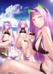  3girls animal_ears bare_shoulders barefoot basket beach bikini black_bikini blue_sky blush breasts cat_ears cleavage collarbone euryale_(fate) facial_mark fake_animal_ears fate/grand_order fate_(series) food forehead forehead_mark fou_(fate) fruit hairband highres large_breasts long_hair looking_at_viewer medusa_(fate) medusa_(rider)_(fate) minami_koyogi multiple_girls navel parted_bangs purple_eyes purple_hair shore siblings sidelocks sisters sitting sky small_breasts smile stheno_(fate) swimsuit thighs twintails very_long_hair 