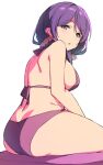  1girl bikini breasts duke_(inu_daimyou) green_eyes hair_ornament hair_scrunchie large_breasts long_hair looking_at_viewer love_live! love_live!_school_idol_project ponytail purple_bikini purple_eyes scrunchie simple_background solo swimsuit thighs toujou_nozomi white_background 