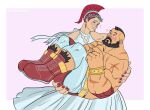  1girl bara beard blush body_fur carrying cross-laced_footwear dress facial_hair fidgeting full_body heart hetero highres index_fingers_together large_feet large_hands laurel_crown marco_rodrigues_(saikyokugen) marisa_(street_fighter) mature_male mohawk muscular muscular_male princess_carry raised_eyebrows scar scar_on_arm shy street_fighter street_fighter_6 white_dress wide-eyed wrestling_outfit zangief 