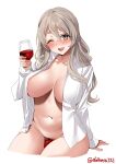 1girl alcohol bangs blush breasts brown_eyes collarbone collared_shirt cropped_legs cup dress_shirt drinking_glass ebifurya grey_hair hair_between_eyes highres holding holding_cup kantai_collection large_breasts long_hair long_sleeves looking_at_viewer midriff naked_shirt navel one-hour_drawing_challenge one_eye_closed open_clothes open_shirt pola_(kancolle) shirt simple_background smile solo teeth thighs twitter_username upper_teeth_only white_background wine wine_glass 
