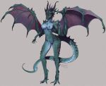  2018 4_toes 5_fingers anthro arm_spikes big_breasts biped blue_body blue_scales breasts claws dated digitigrade dragon feet female finger_claws fingers frill_(anatomy) full-length_portrait genitals glowing glowing_eyes green_body green_scales head_crest head_frill kiguri membrane_(anatomy) membranous_frill navel portrait pussy red_eyes scales scalie shoulder_spikes signature slim solo spiked_tail spikes spikes_(anatomy) standing tail toe_claws toes western_dragon wings 