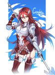  1girl armor armored_dress belt belt_buckle breastplate buckle character_name closed_mouth commentary cordelia_(fire_emblem) crossed_belts dress fire_emblem fire_emblem_awakening garter_straps gauntlets hair_between_eyes hair_ornament highres holding holding_polearm holding_weapon long_hair pink_belt polearm red_dress red_eyes red_hair shoulder_armor silvercandy_gum smile solo spear very_long_hair weapon wing_hair_ornament 
