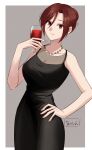  1girl alcohol alternate_costume aozaki_touko black_dress border breasts closed_mouth collarbone commentary_request cup dress earrings fingernails formal glass grey_background hand_on_own_hip highres holding holding_cup jewelry looking_at_viewer mahou_tsukai_no_yoru medium_breasts necklace orange_nails outside_border red_eyes red_hair shintyoi2 short_hair simple_background sleeveless sleeveless_dress smile solo white_border 