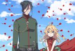  1boy 1girl bare_shoulders black_eyes black_hair blonde_hair blue_hair blue_sky cloud cloudy_sky cross dress erich_von_rerugen glasses green_jacket hal_(goshujinomocha) iron_cross jacket long_hair long_sleeves military military_uniform outdoors petals red_dress sky sleeveless sleeveless_dress tanya_degurechaff uniform youjo_senki 