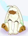  ahoge angoramon anthro bandai_namco belt cottoncollieart digimon digimon_(species) fur hair hair_over_eyes hi_res long_ears male pawpads ponytail_ears sitting solo yellow_body yellow_fur 