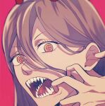  1girl blurry brown_hair chainsaw_man close-up commentary_request cross-shaped_pupils depth_of_field eyes_visible_through_hair fangs hair_behind_ear hair_between_eyes highres horns llq9ull mouth_pull orange_eyes portrait power_(chainsaw_man) red_background red_horns sharp_teeth solo symbol-shaped_pupils teeth 