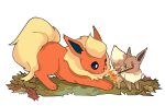  :o artist_name black_eyes breathing_fire bright_pupils brown_eyes commentary eevee english_commentary fire flareon food grass leaf marshmallow mjoyart no_humans open_mouth pokemon pokemon_(creature) roasting simple_background white_background white_pupils 