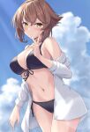  1girl absurdres bikini black_bikini blush breasts brown_hair cleavage closed_mouth cloud cloudy_sky cowboy_shot day front-tie_bikini_top front-tie_top green_eyes hair_between_eyes highres jacket kantai_collection large_breasts monoku mutsu_(kancolle) navel open_clothes open_jacket outdoors short_hair side-tie_bikini_bottom sky smile solo swimsuit white_jacket 